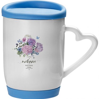 Mug print with blue lid and heart handle
