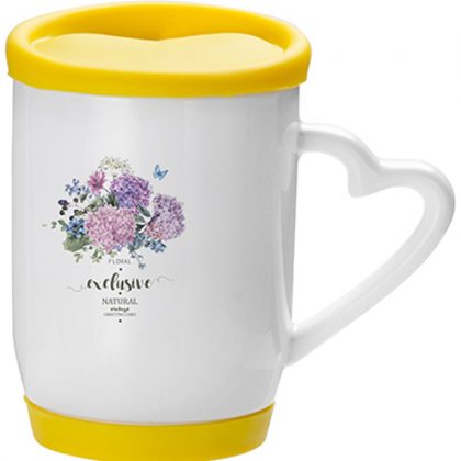 Print on mug print with yellow lid and heart handle