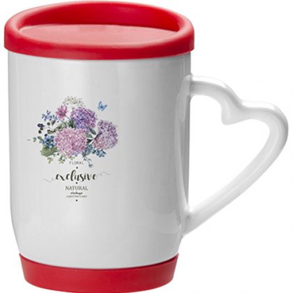 Print on mug with red cap and heart handle