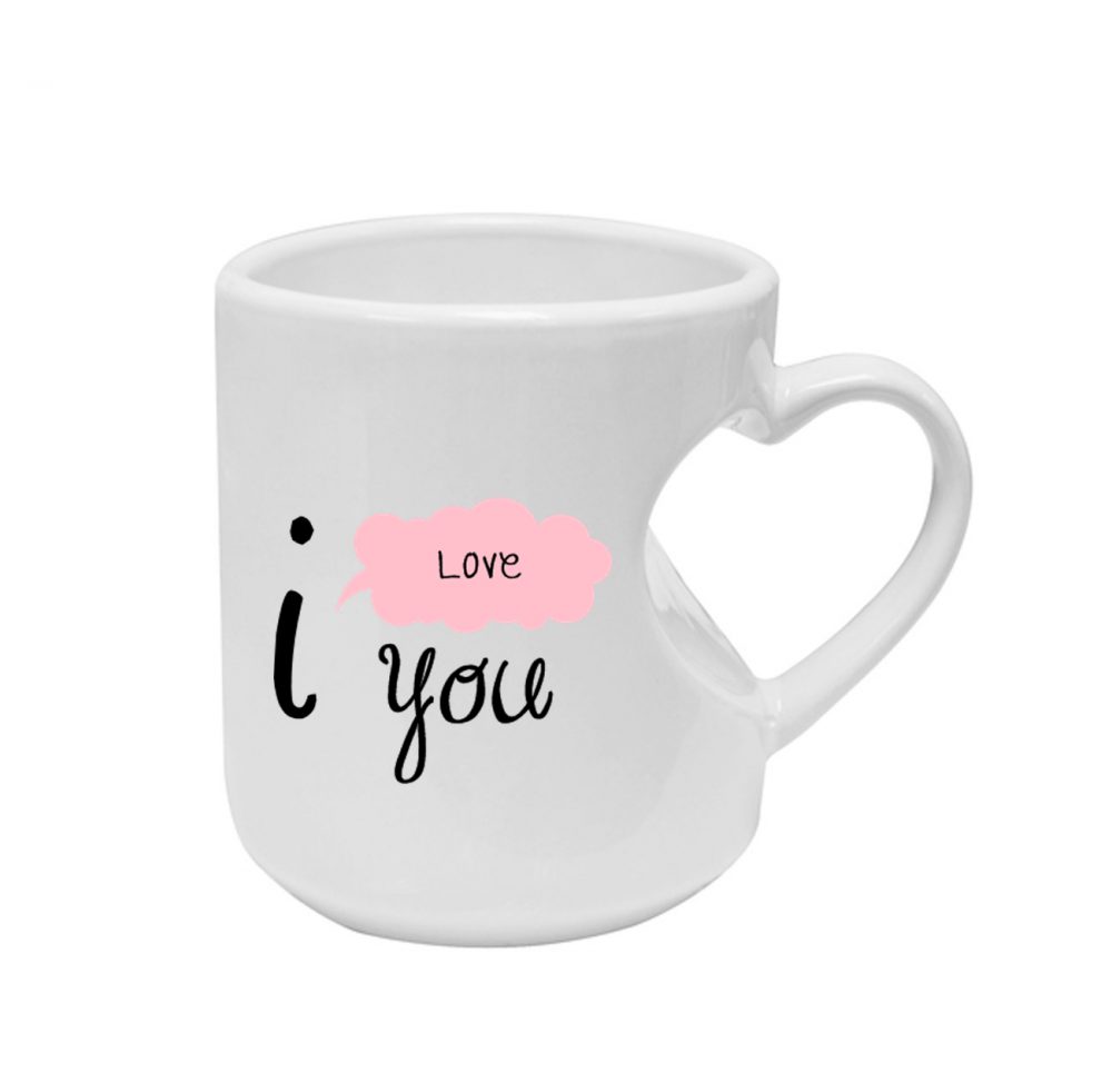 Print on white mug with heart handle